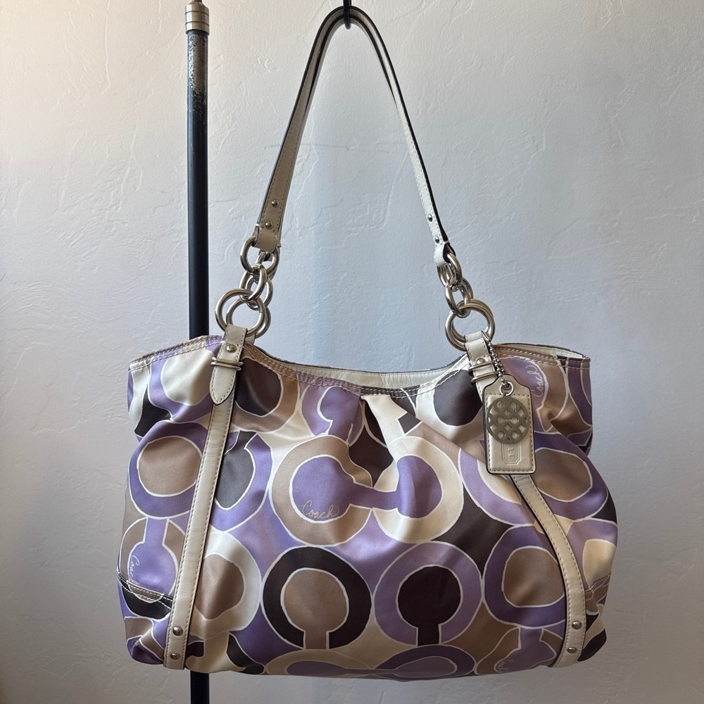 Y2K Style Coach Poppy Signature Sateen Purple Tan Tote Shoulder Bag 16230